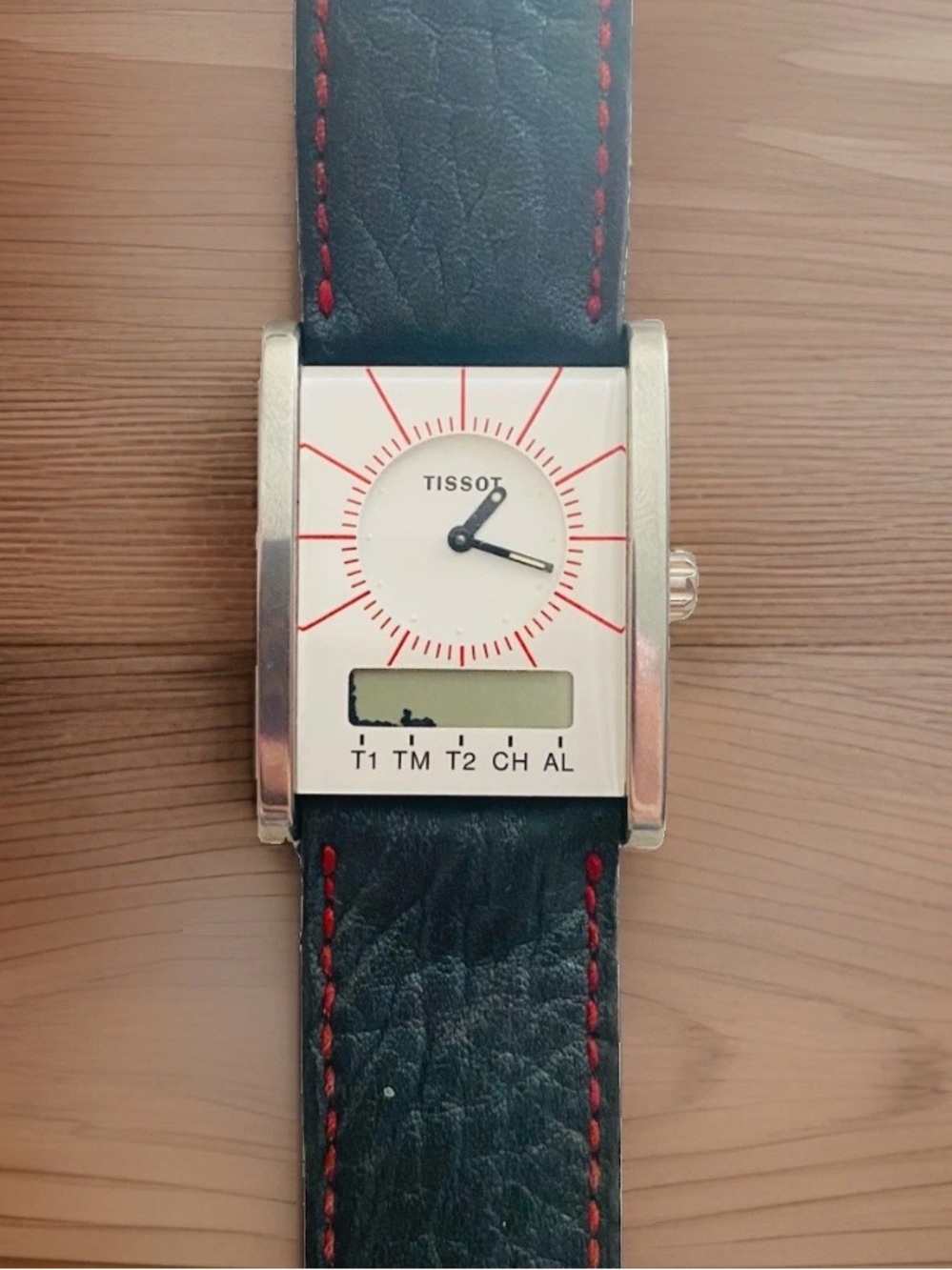 Vintage Tissot Two Timer D377 80's 90's Time Zone Blue Leather Square Face